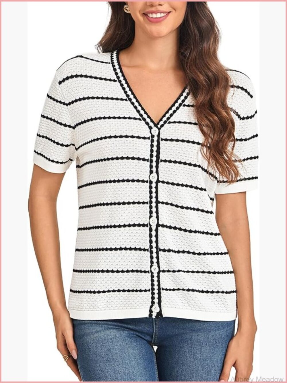 Short Sleeve Striped V-Neck Button Down Cardigan Knit Top Women